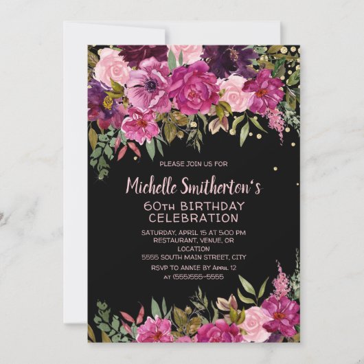 Invitation Parties scintillant florale rose noire 60e anniver (Devant)