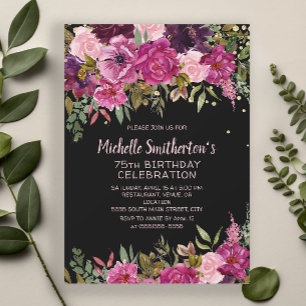 Invitation Parties scintillant florale rose noire 75e anniver