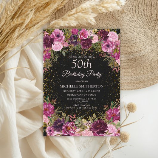 Invitation Parties scintillant florale rose pourpre Noir 50e