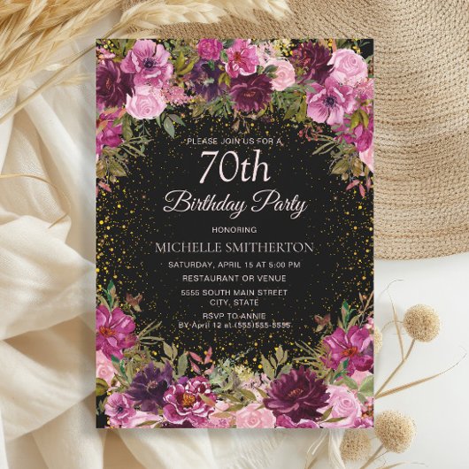 Invitation Parties scintillant florale rose pourpre Noir 70e