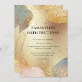 Invitation Parties scintillant forme feuille or cuivre bleu a (Devant / Derrière)