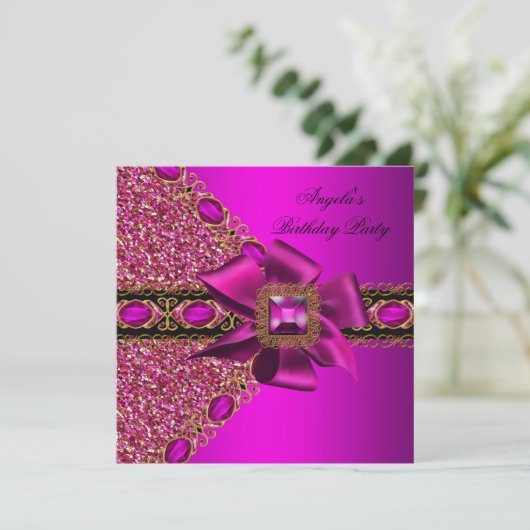 Invitation Parties scintillant Fuchsia bijou rose fête d'anni (Debout devant)