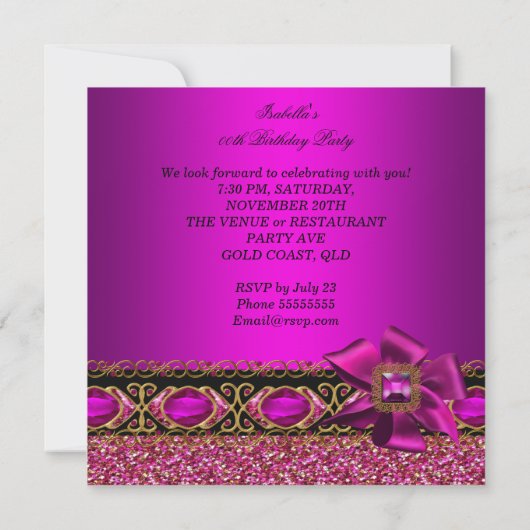 Invitation Parties scintillant Fuchsia bijou rose fête d'anni (Dos)