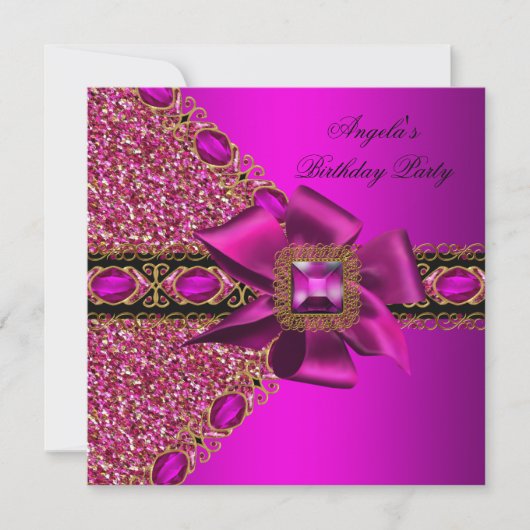 Invitation Parties scintillant Fuchsia bijou rose fête d'anni (Devant)