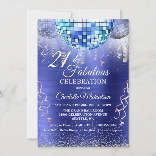 Invitation Parties scintillant Glam 21e anniversaire Blue Dis (Devant)