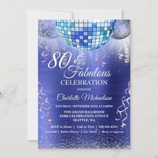Invitation Parties scintillant Glam 80e anniversaire Blue Dis (Devant)