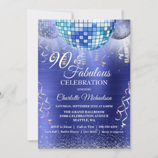 Invitation Parties scintillant Glam 90e anniversaire Blue Dis (Devant)
