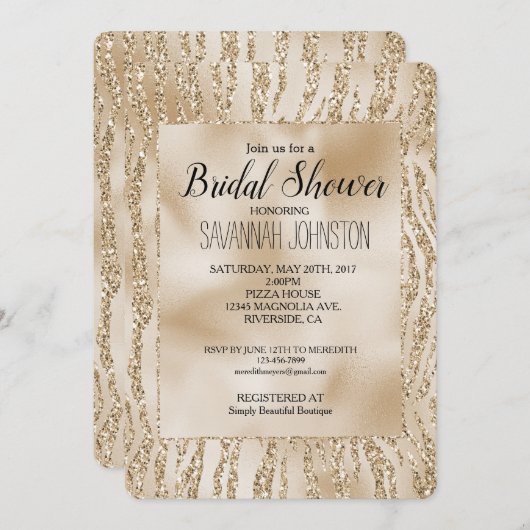 Invitation Parties scintillant Glam or Zebra Fête des mariées (Devant / Derrière)