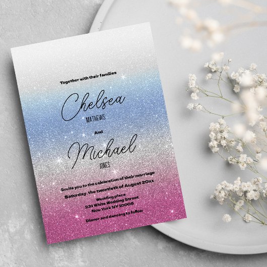 Invitation Parties scintillant glam rose bleu argenté ombre m