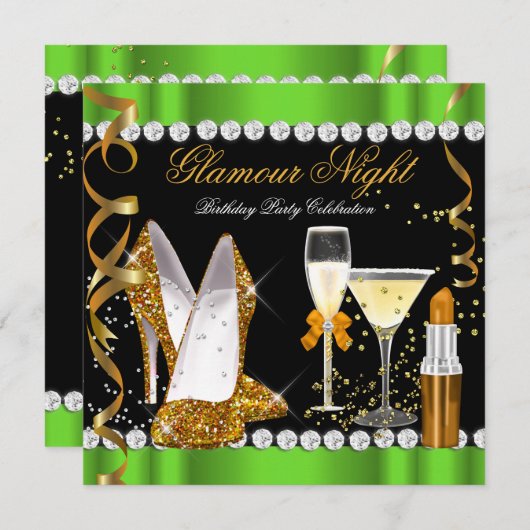 Invitation Parties scintillant Glamor Night Lime Green Gold B (Devant / Derrière)