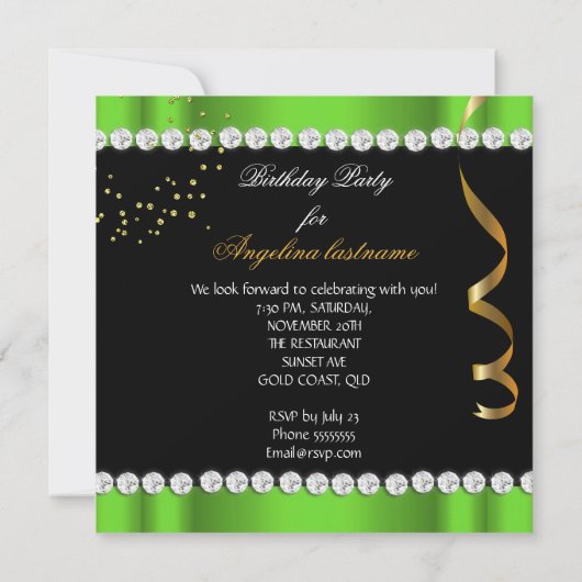 Invitation Parties scintillant Glamor Night Lime Green Gold B (Dos)