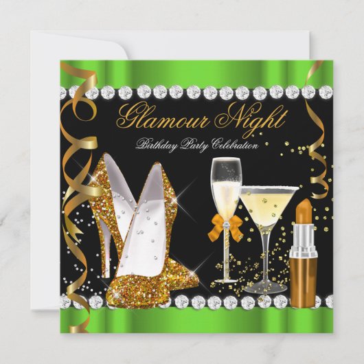 Invitation Parties scintillant Glamor Night Lime Green Gold B (Devant)