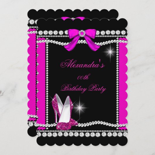 Invitation Parties scintillant Glamor noir Hot rose talons ha (Devant / Derrière)