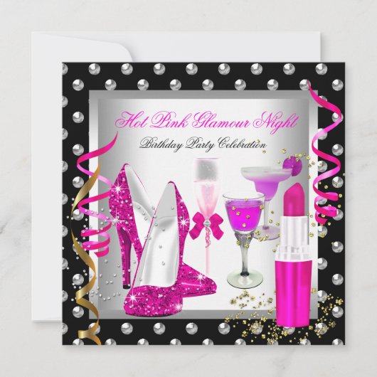 Invitation Parties scintillant Glamor Nuit rose Argent fête d (Devant)
