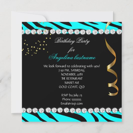 Invitation Parties scintillant Glamor Nuit Turquoise Bleu Or  (Dos)