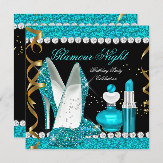 Invitation Parties scintillant Glamor Nuit Turquoise Blue Gol (Devant / Derrière)