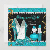 Invitation Parties scintillant Glamor Nuit Turquoise Blue Gol (Devant)
