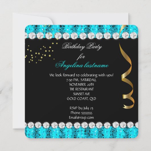 Invitation Parties scintillant Glamor Party Nuit Turquoise Bl (Dos)