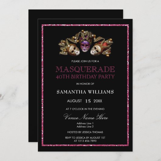 Invitation Parties scintillant glamour Masquerade 40e anniver (Devant / Derrière)