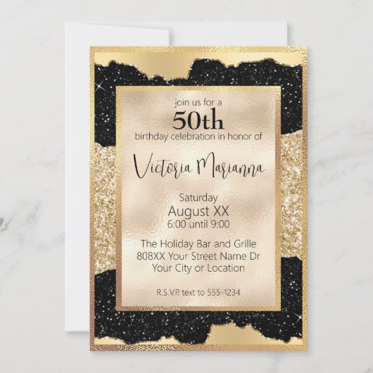 Invitation Parties scintillant glamour noir et or 50e anniver (Devant)