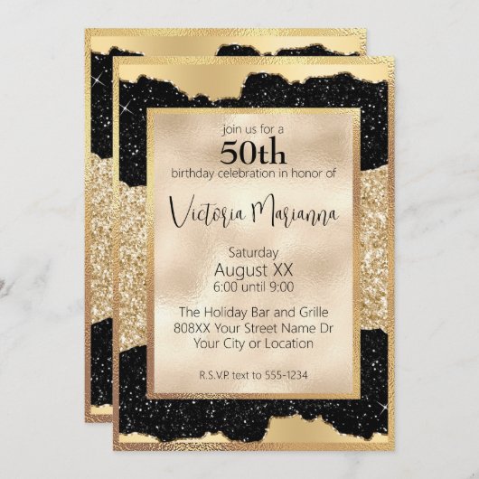Invitation Parties scintillant glamour noir et or 50e anniver (Devant / Derrière)