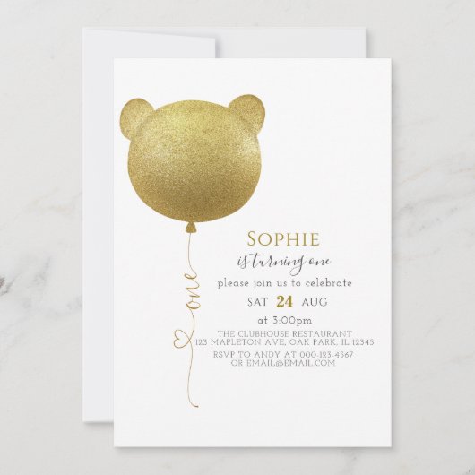 Invitation Parties scintillant Gold Balloon Teddy Bear 1er an (Devant)