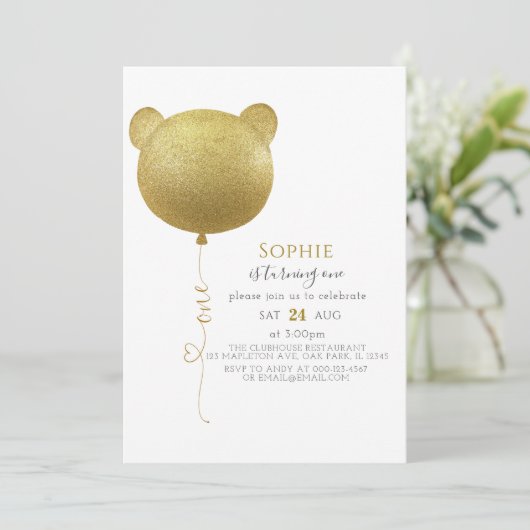 Invitation Parties scintillant Gold Balloon Teddy Bear 1er an (Debout devant)