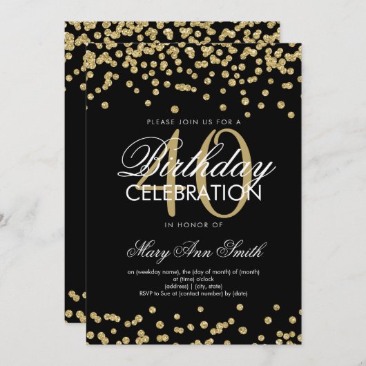 Invitation Parties scintillant Gold Black 40th Birthday Party (Devant / Derrière)
