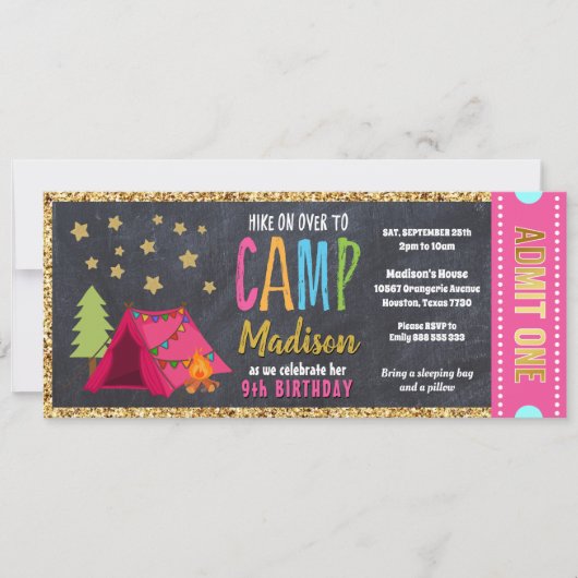 Invitation Parties scintillant Gold Blackboard Glamping Pass (Devant)