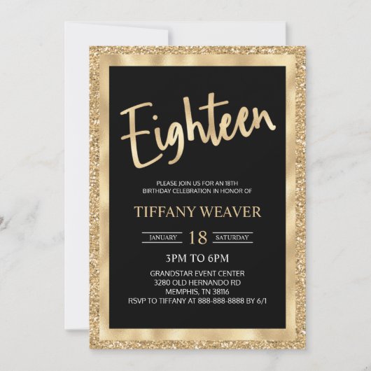 Invitation Parties scintillant Gold Foil dix-huit 18e anniver (Devant)