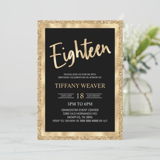 Invitation Parties scintillant Gold Foil dix-huit 18e anniver (Debout devant)