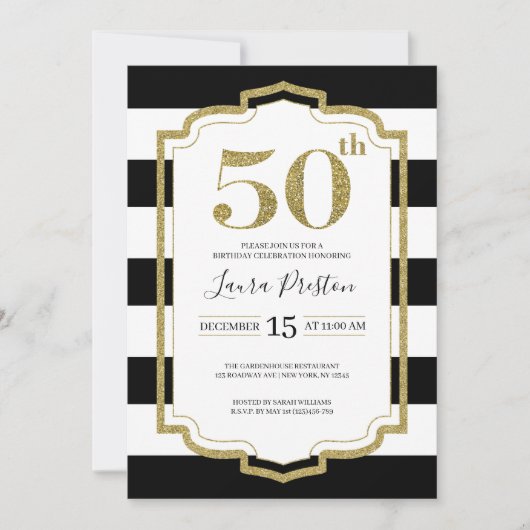 Invitation Parties scintillant Gold Frame et Black Stripes 50 (Devant)