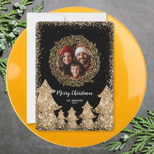 Invitation Parties scintillant Gold Joyeux Noël Wreath Family