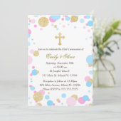 Invitation Parties scintillant Gold Pink Blue Twins Communion (Debout devant)