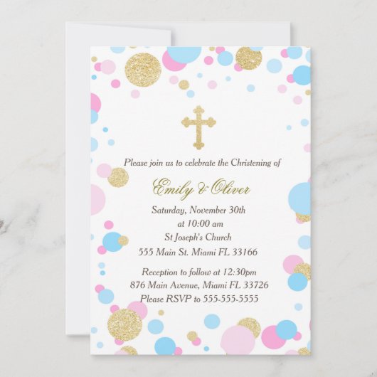 Invitation Parties scintillant Gold Pink Blue Twins Invitatio (Devant)