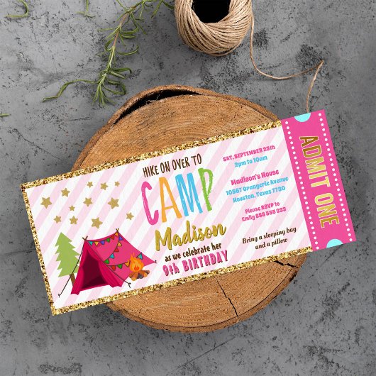 Invitation Parties scintillant Gold Pink Glamping Billets Pas