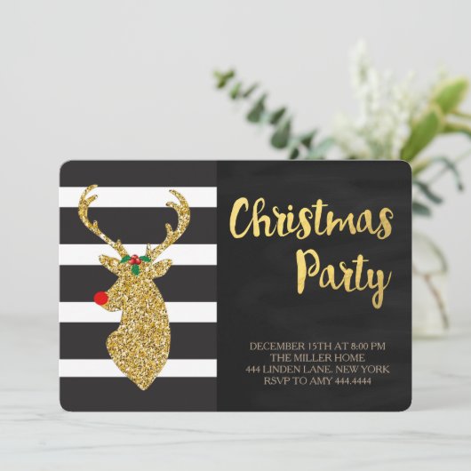 Invitation Parties scintillant Gold Reindeer Fête de Noël Inv (Debout devant)