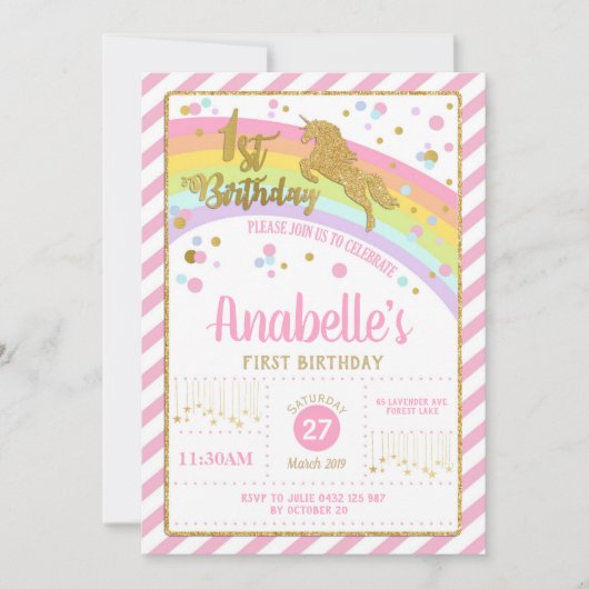 Invitation Parties scintillant Gold Unicorn 1er anniversaire  (Devant)