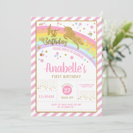Invitation Parties scintillant Gold Unicorn 1er anniversaire (Debout devant)