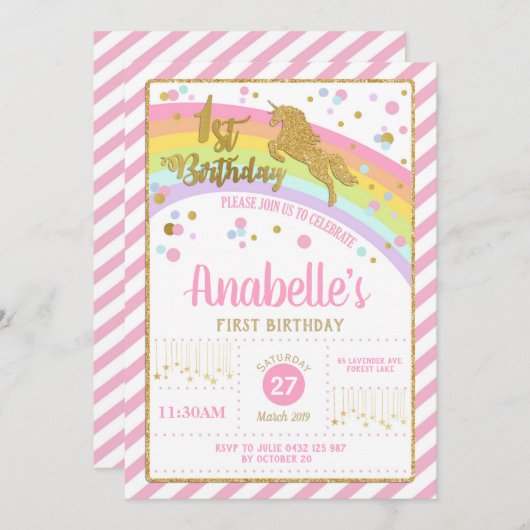 Invitation Parties scintillant Gold Unicorn 1er anniversaire  (Devant / Derrière)