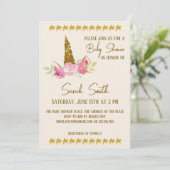 Invitation Parties scintillant Gold Unicorn Rose Baby shower (Debout devant)
