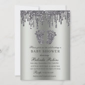 Invitation Parties scintillant goutte argent bébé pieds Baby  (Devant)