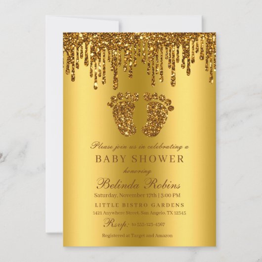 Invitation Parties scintillant goutte or bébé pieds Baby show (Devant)
