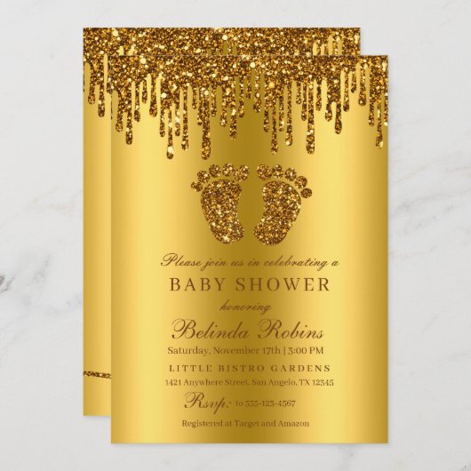 Invitation Parties scintillant goutte or bébé pieds Baby show (Devant / Derrière)