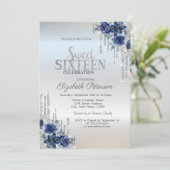 Invitation Parties scintillant gouttes argent bleu Fleurs dou (Debout devant)