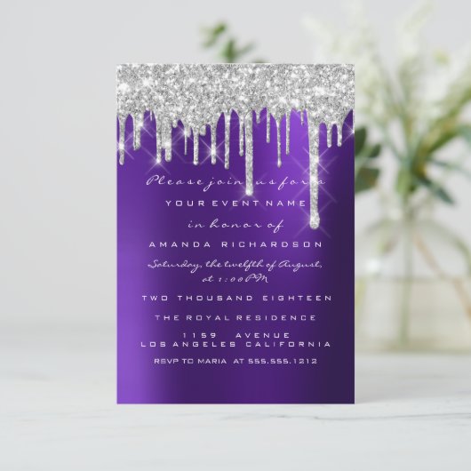 Invitation Parties scintillant gouttes d'argent violet nuptia (Debout devant)