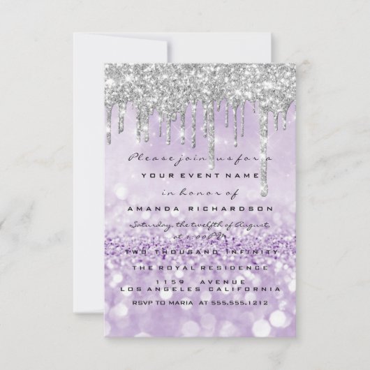 Invitation Parties scintillant gouttes d'argent violet nuptia (Devant)
