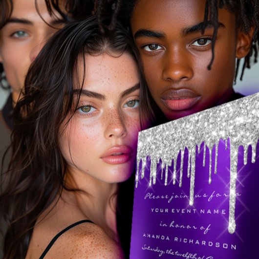 Invitation Parties scintillant gouttes d'argent violet nuptia