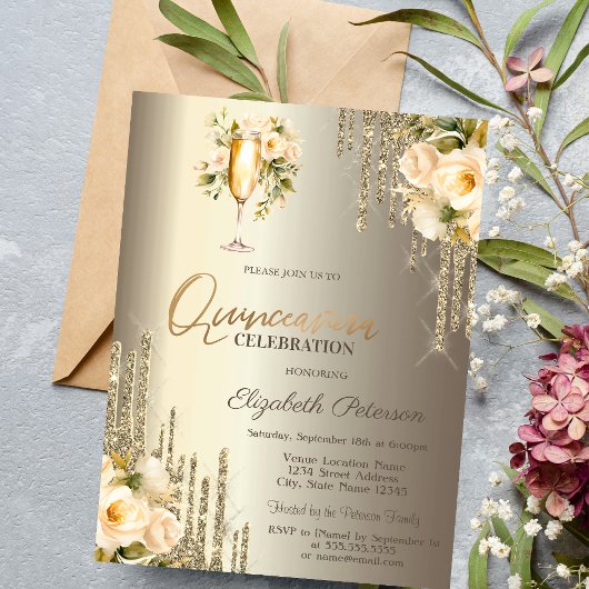 Invitation Parties scintillant gouttes de Champagne Floral Ve