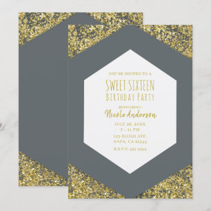 Invitation Parties scintillant Gris & Or Flakes Glam Sweet 16